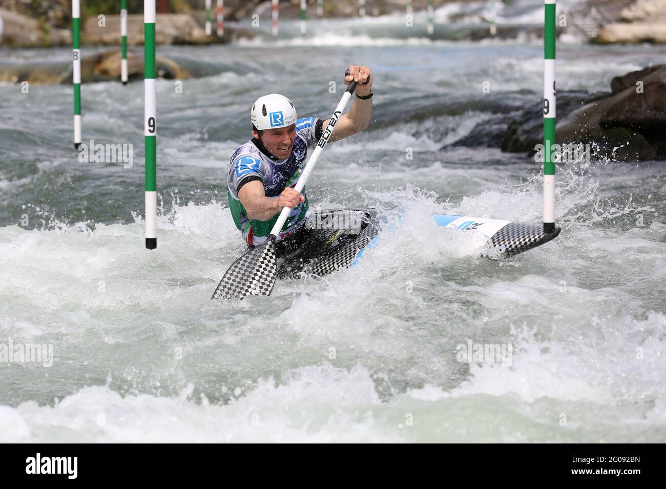 David FLORENCE of Great Britain competes in the Men's Canoe (C1) semifinals during the ECA Canoe Slalom European Championships on the Dora Baltea rive Stock Photo