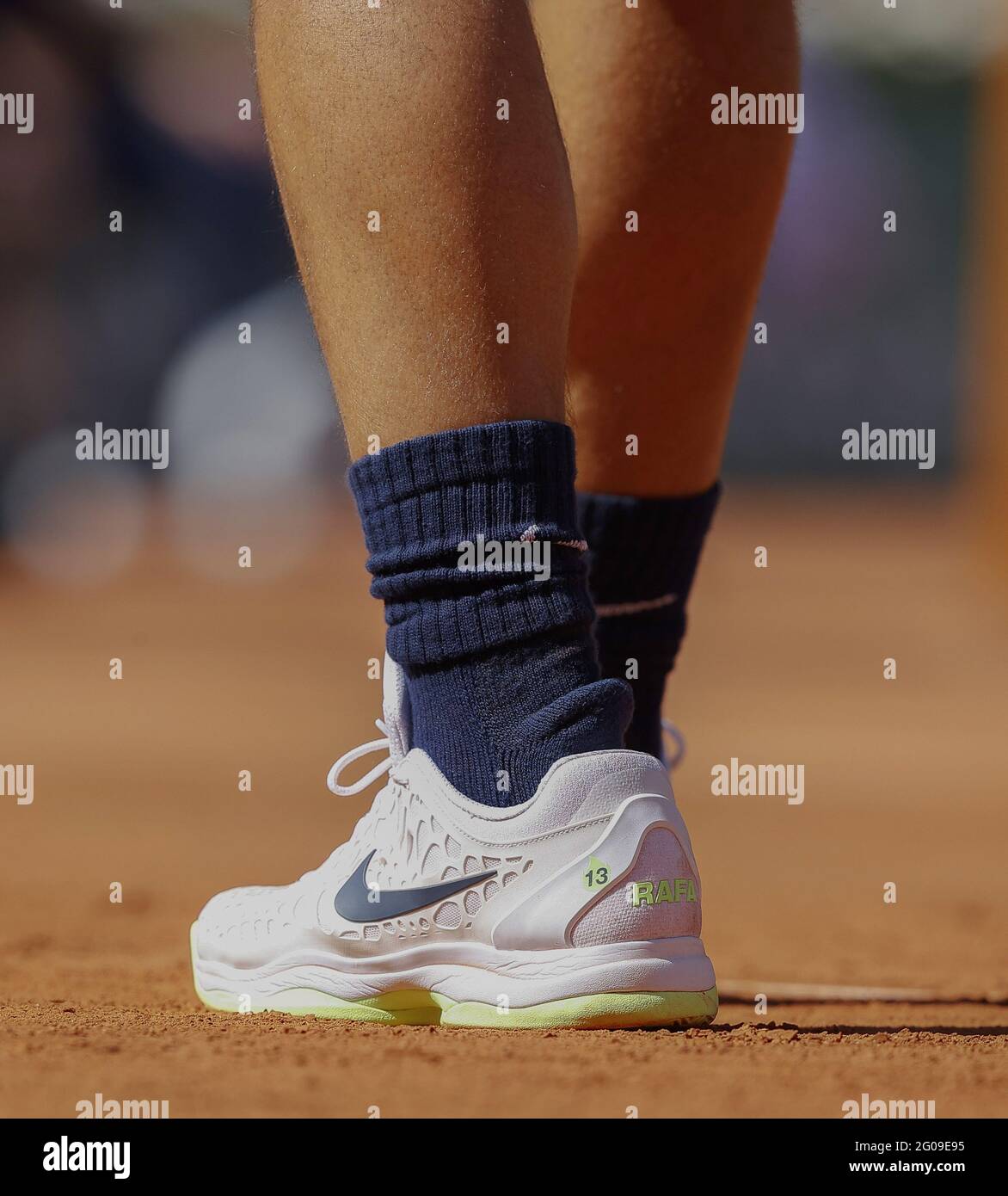 Paris, France, June 1, 2021, Rafael Nadal of Spain, illustration shoes with  special inscription "13" during the first round of Roland-Garros 2021,  Grand Slam tennis tournament on June 01, 2021 at Roland-Garros