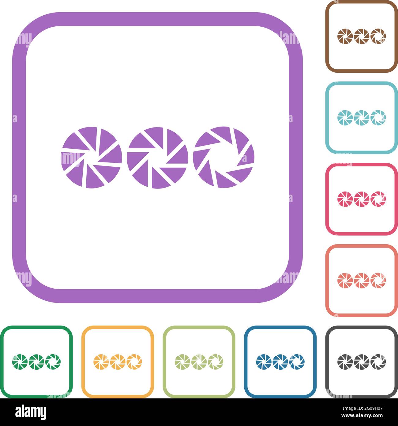 Set aperture size simple icons in color rounded square frames on white ...