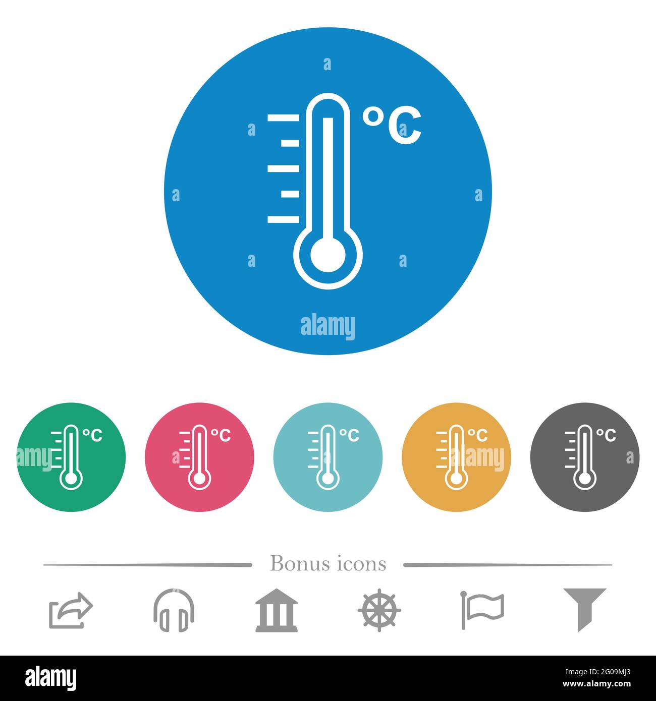 Celsius thermometer warm temperature flat white icons on round color ...