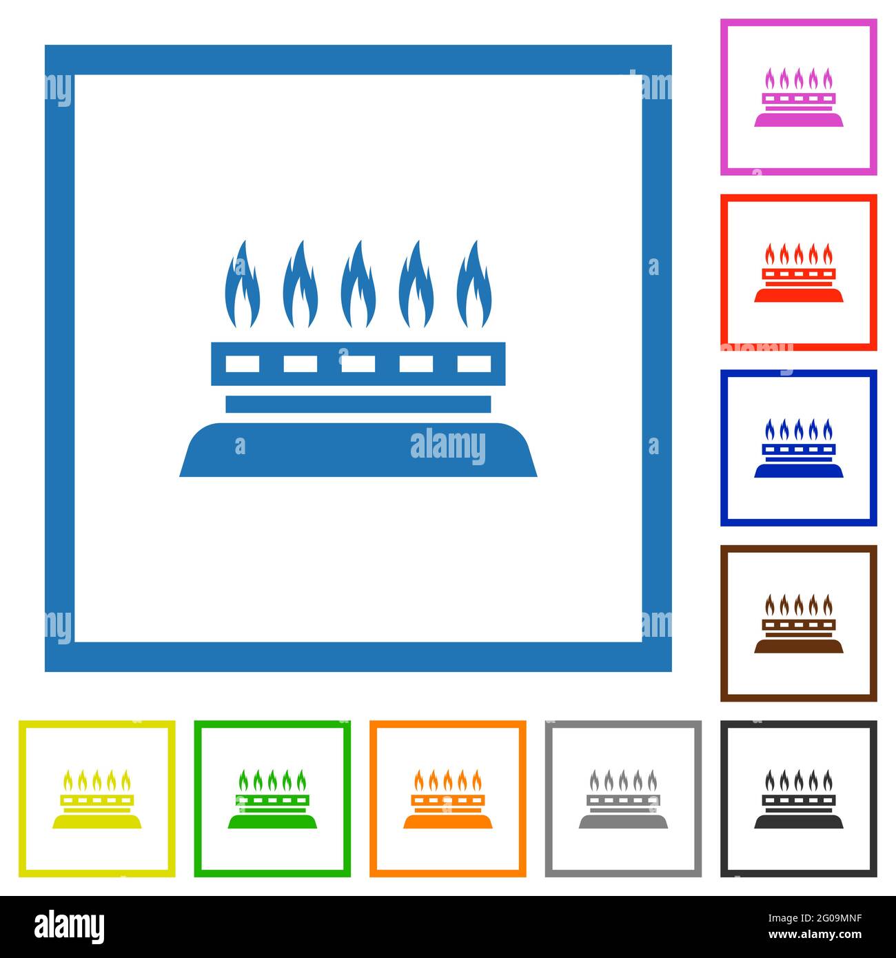 Kitchen gas stove flat color icons in square frames on white background ...