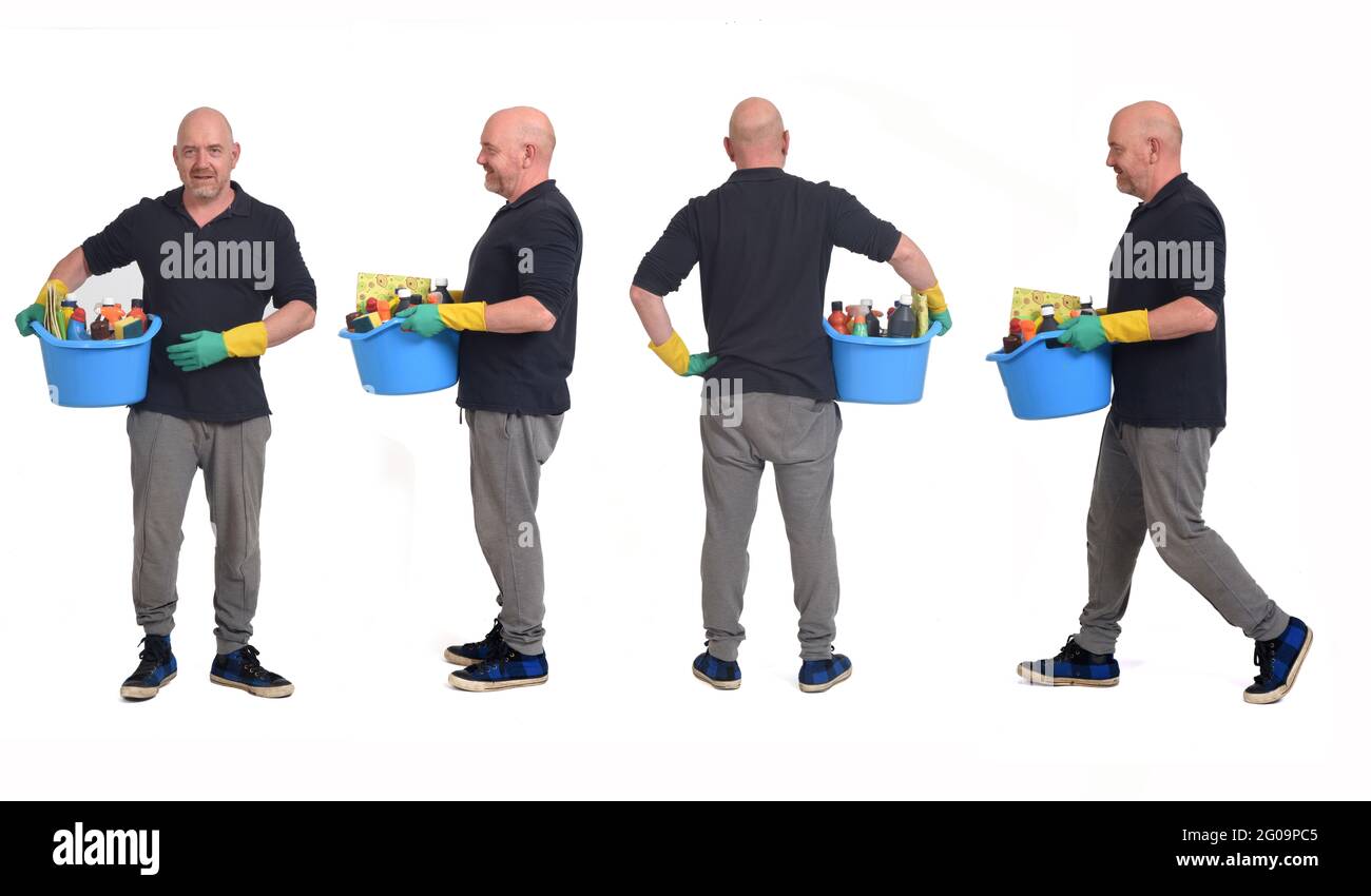 several photos of the same man doing cleaning on white background Stock ...