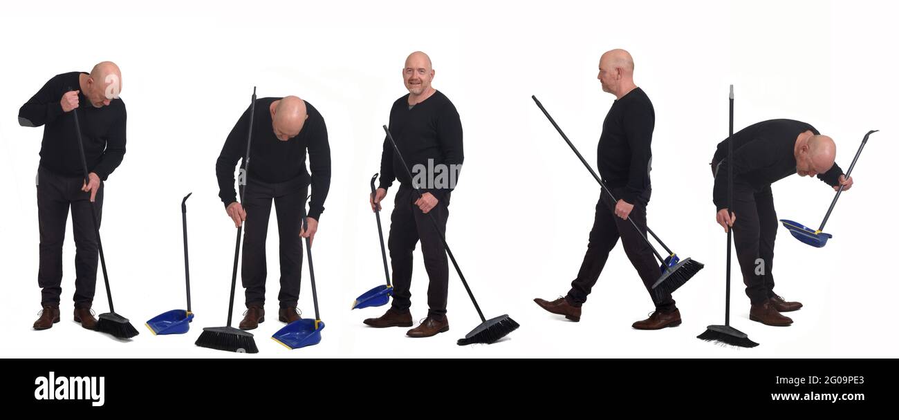 various poses of a man sweeping the floor on white background Stock