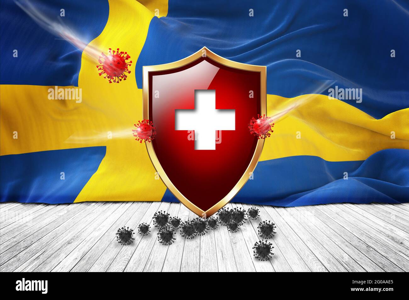 SWEDEN flag with Metal Shiny red shield. virus protection, hygiene shield.  virus Vaccine Protection aganst coronavirus, Health Care, Safety Badge conc  Stock Photo - Alamy