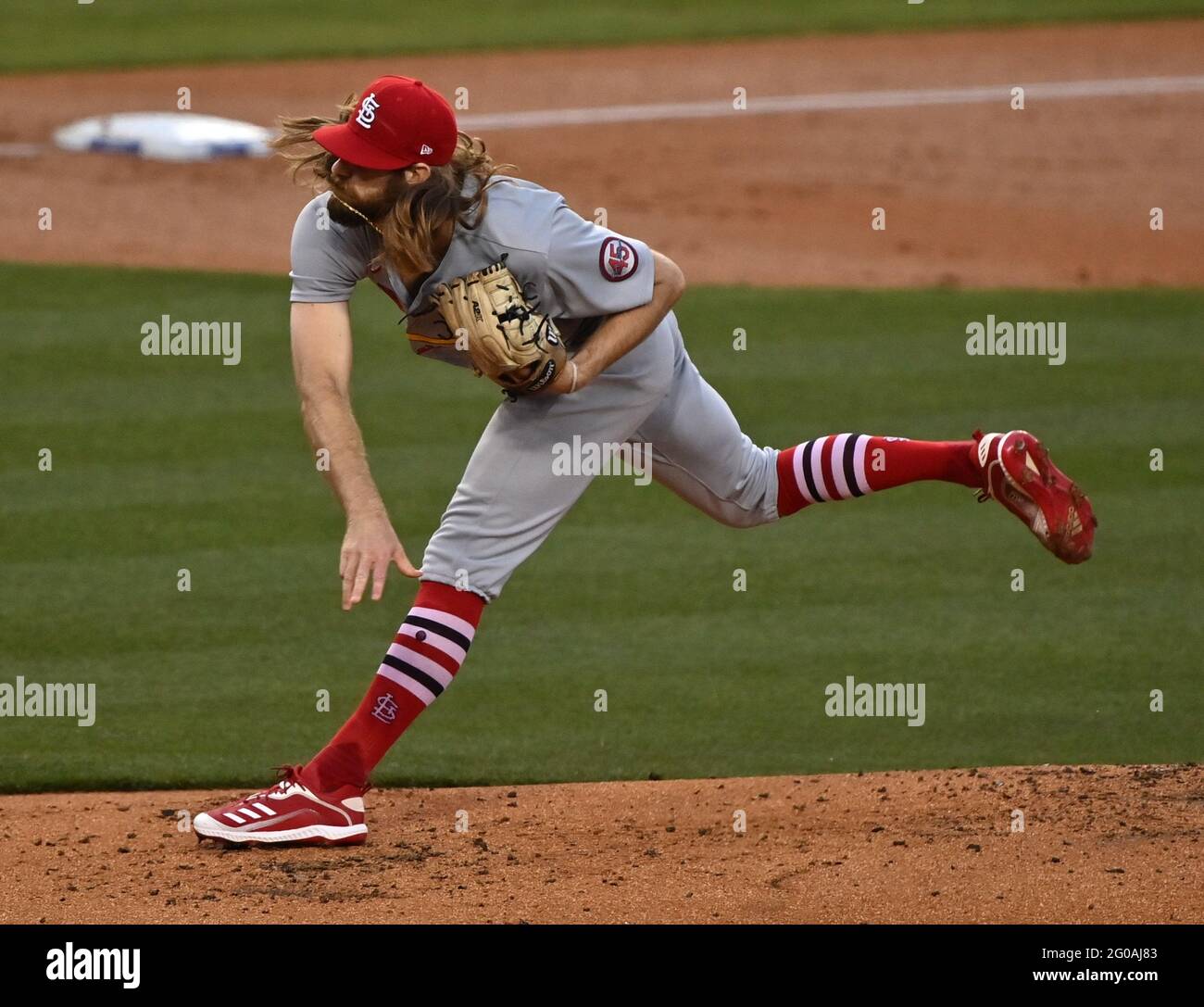 St Louis Cardinals starting pitcher winds up to deliver against the Los Angeles Dodgers in the fourth inning at Dodger Stadium in Los Angeles on Tuesday, June 1, 2021.   Photo by Jim Ruymen/UPI Stock Photo
