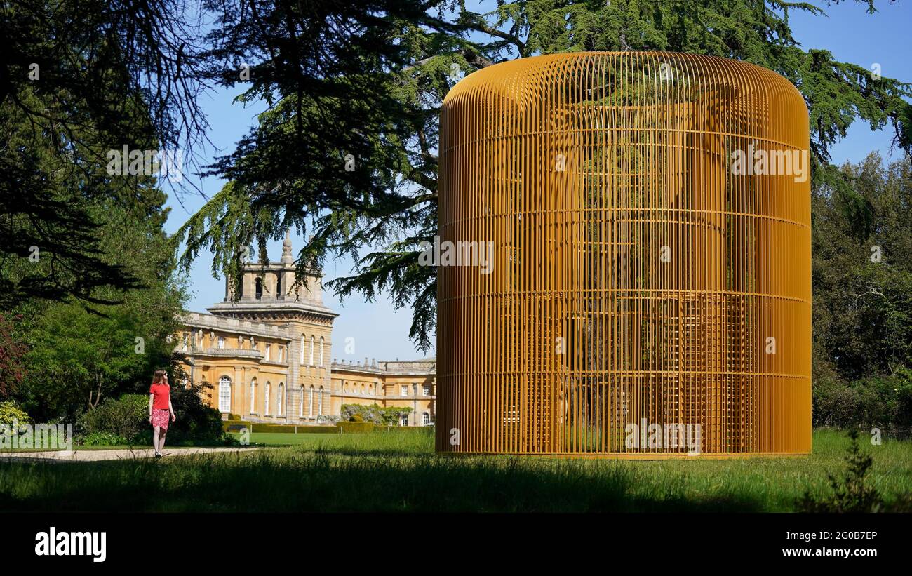 Hannah Vitos observes The Blenheim Art Foundation interactive sculpture by Chinese artist Ai Weiwei which will go on long-term view in the grounds of Blenheim Palace in Woodstock, Oxfordshire. Picture date: Wednesday June 2, 2021. Stock Photo
