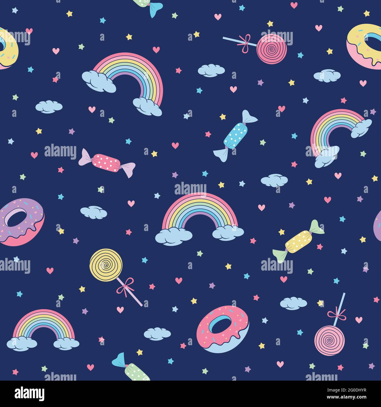 cute vector seamless pattern with rainbows and sweets on a dark background. a companion to unicorns Stock Vector