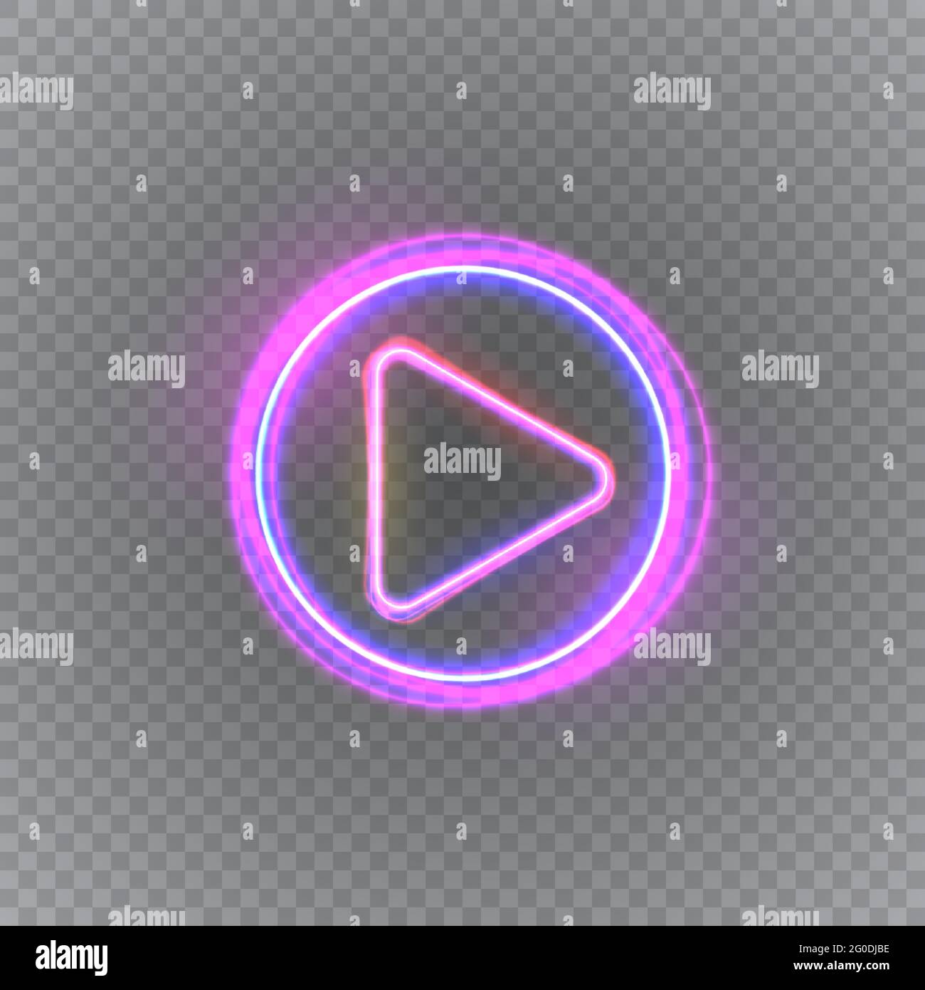 Gloving neon music play button isolated on transparent background. Vector illustration Stock Vector