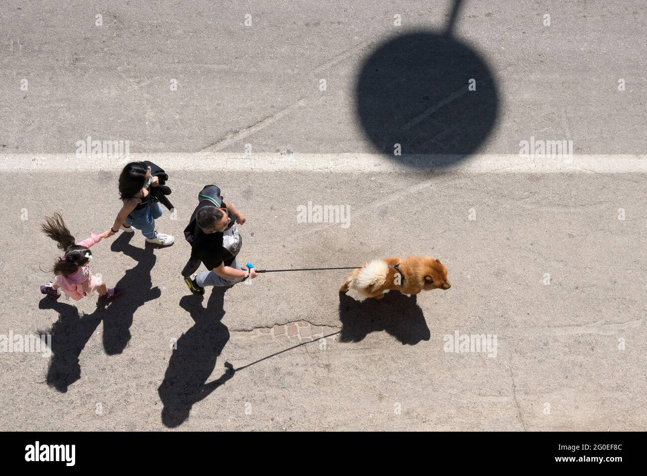Termoli(CB),Molise Region,Italy:Family with dog walking on the sidewalk of the seaport of Termoli. Stock Photo