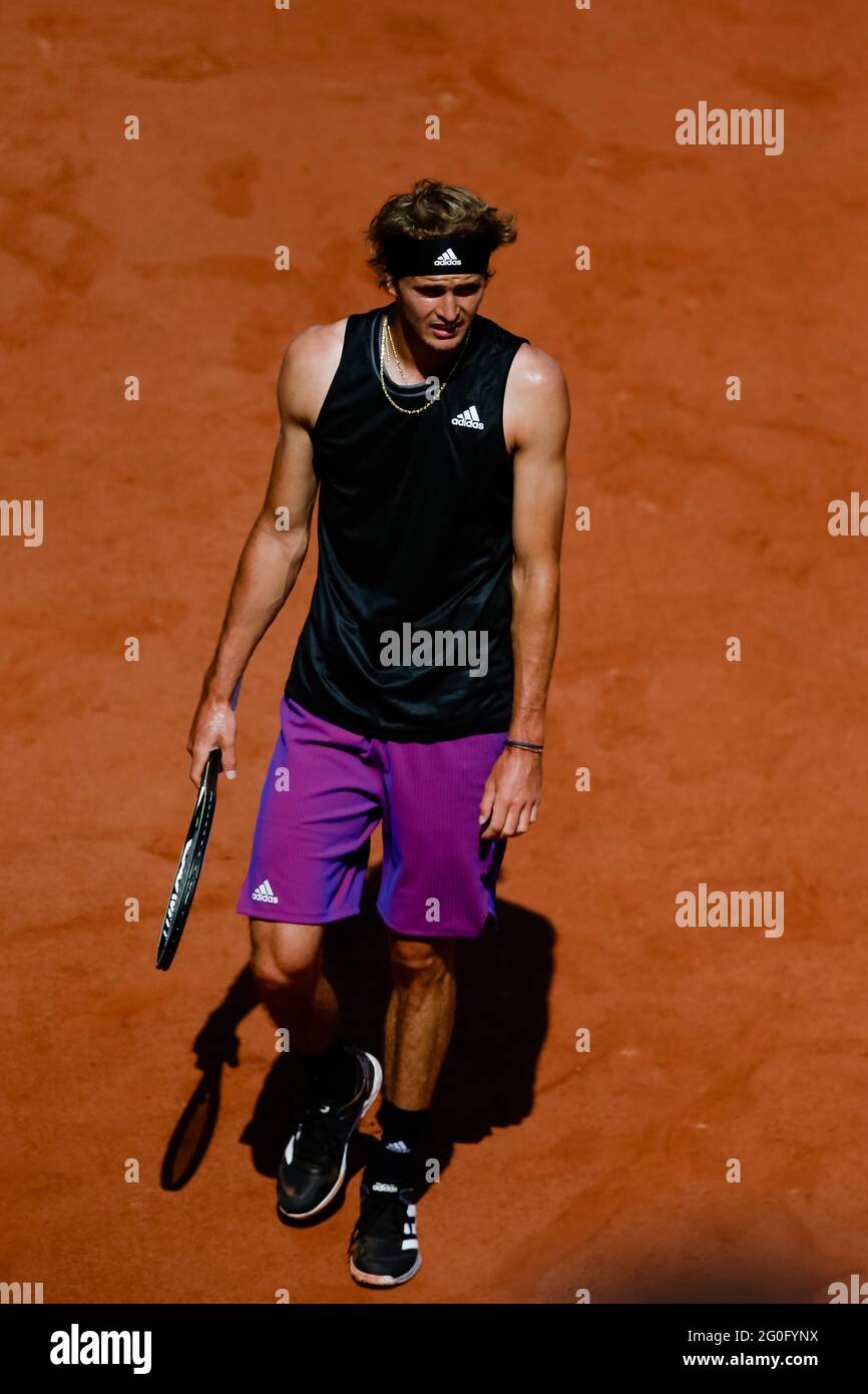 Paris, France. 2nd June, 2021. Alexander Zverev from Germany is in action at the 2021 French Open Grand Slam tennis tournament in Roland Garros, Paris, France. Frank Molter/Alamy Live news Stock Photo