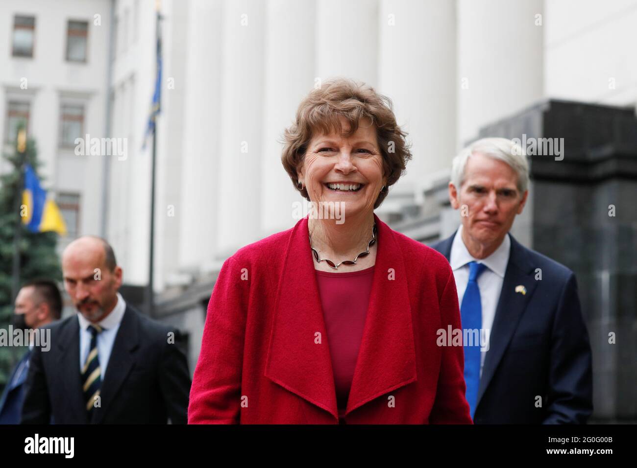 U S Senator Jeanne Shaheen D Nh Reacts Next To Rob Portman R Oh After A News Briefing After Their Meeting With Ukraine S President Volodymyr Zelenskiy In Front Of The Presidential Office Building In Kyiv