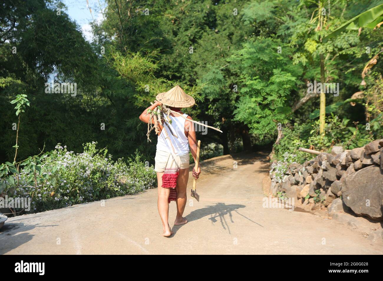 LANJIA SAORA TRIBE. Lanjia Saora farmer wearing traditional loin cloth and Sanur rain cap or coolie hat going for work. View from back. Gunpur Village Stock Photo