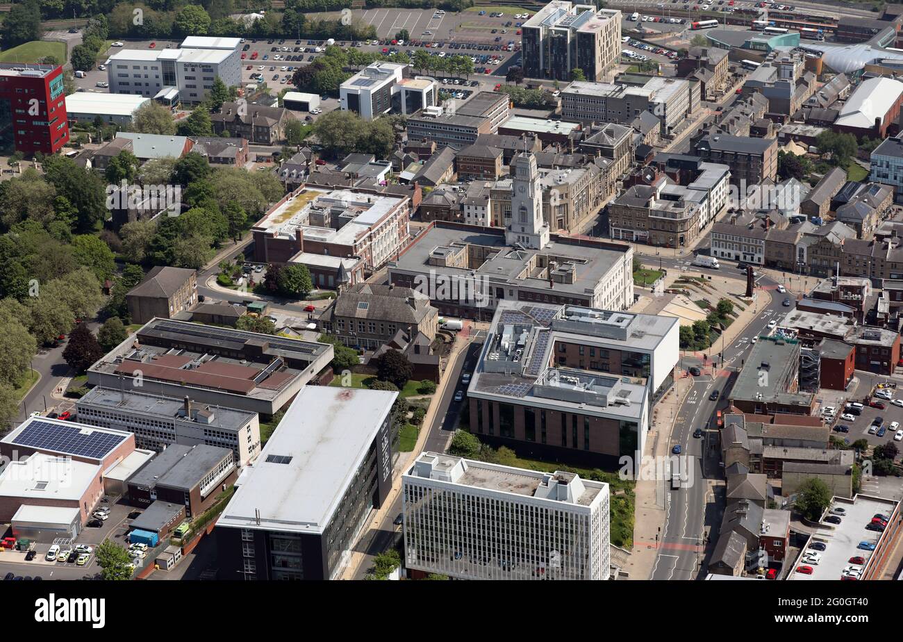 aerial view of the area of Barnsley town centre just north of Shambles Street including Barnsley Sixth Form College, Town Hall & Council Offices Stock Photo