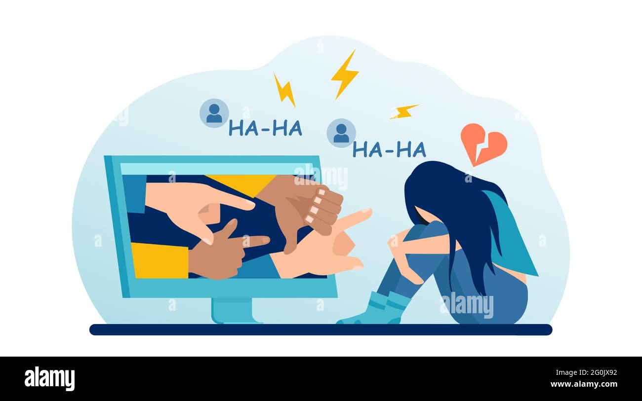 Vector of a sad woman being a social media victim with haters pointing ...