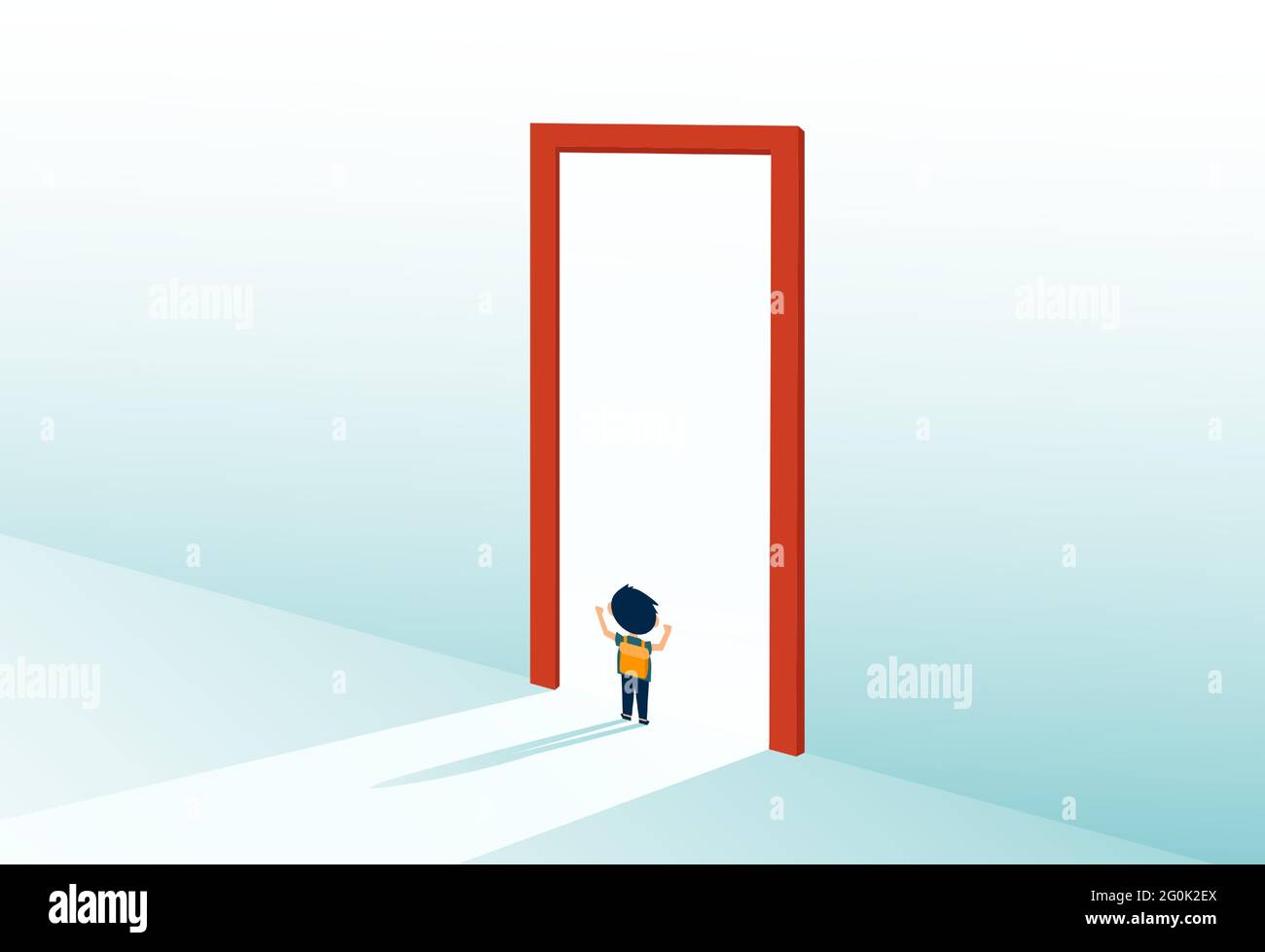 Vector of a boy, a student standing at a door of future opportunities Stock Vector