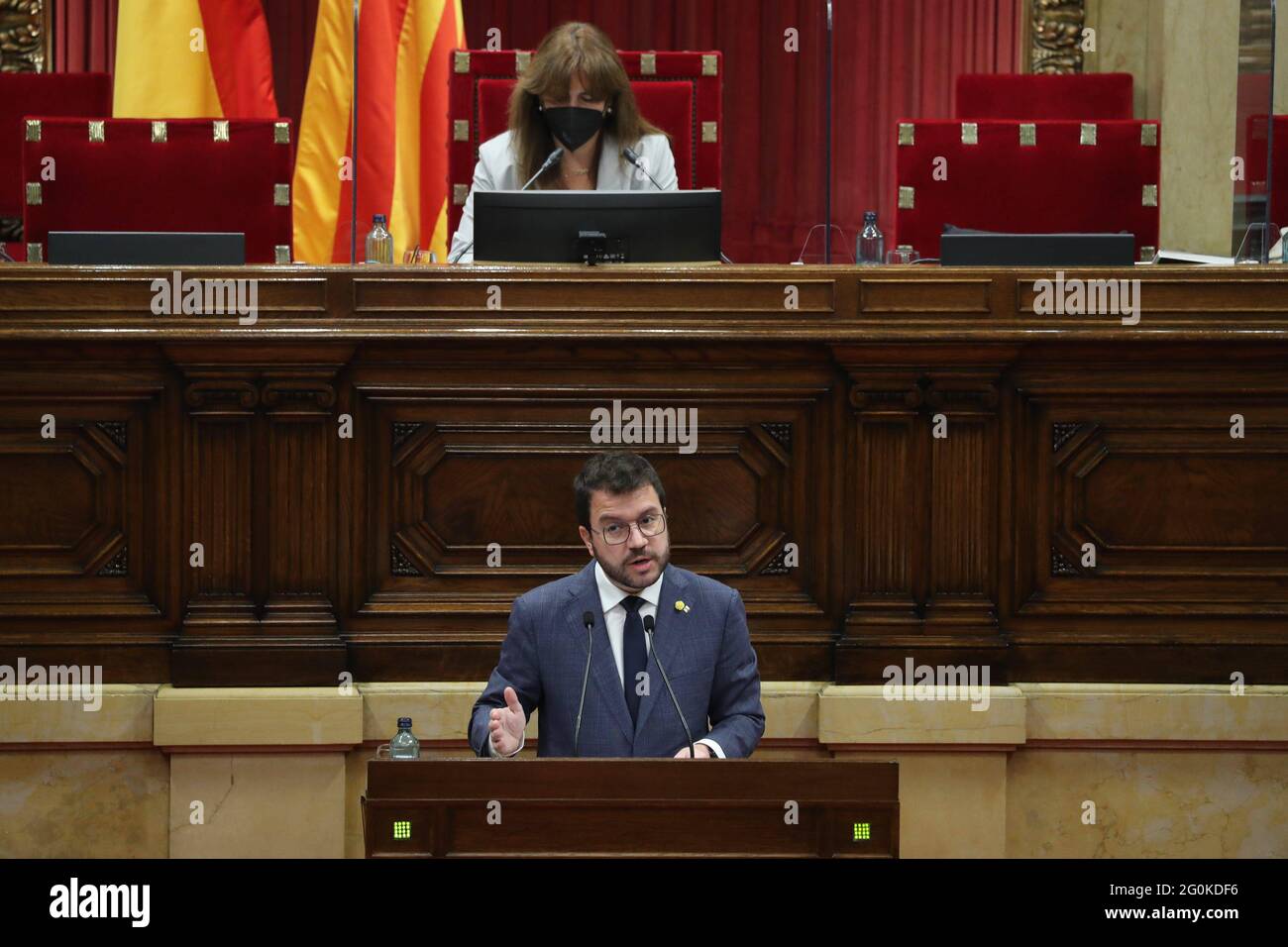 Barcelona, Spain. 02nd June, 2021. Pere Aragones at the first control session in the Plenary of the Catalan Government at the Palau de la Generalitat, Barcelona, Wednesday June 2, 2021 JGS/Cordon Press. Credit: CORDON PRESS/Alamy Live News Stock Photo