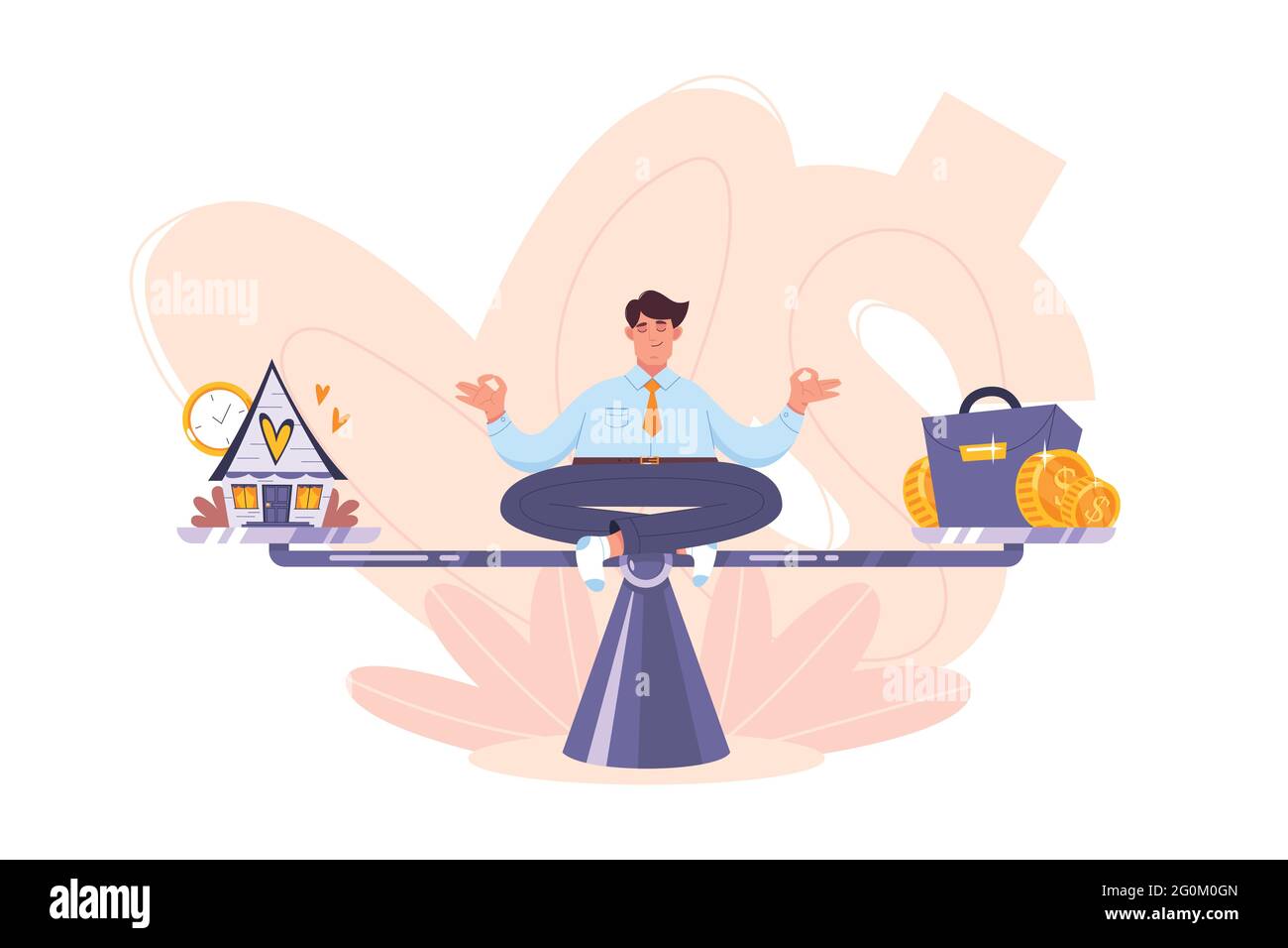 Calm businessman meditating on the scales and keep harmony choose between career and relax, business and family, leisure and money, office job and home. Work life balance concept in flat cartoon style Stock Vector