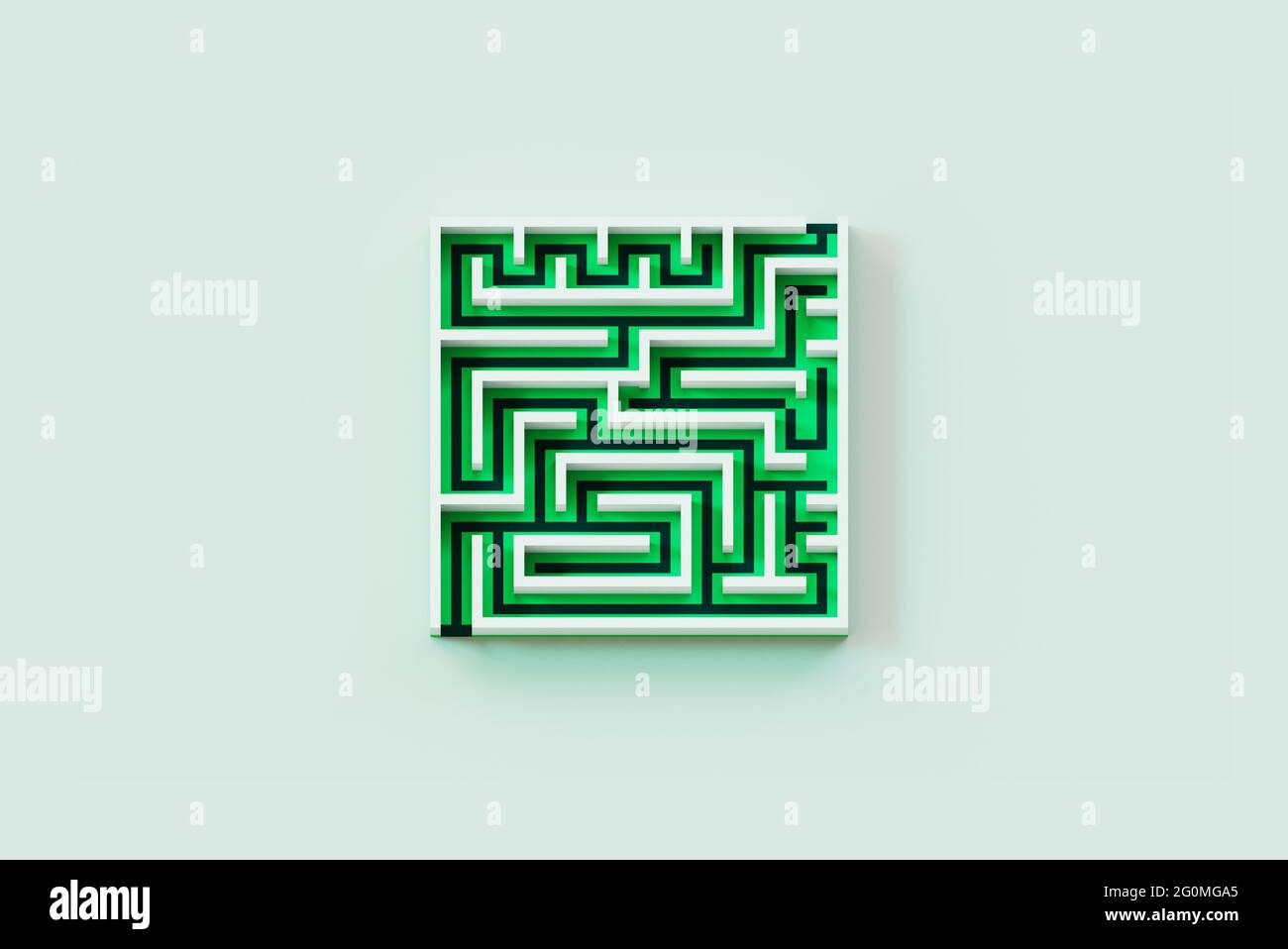 Maze labyrinth with white walls and green floor on white background. 3d rendered abstract concept stock image for any purpose use. Top view. Stock Photo