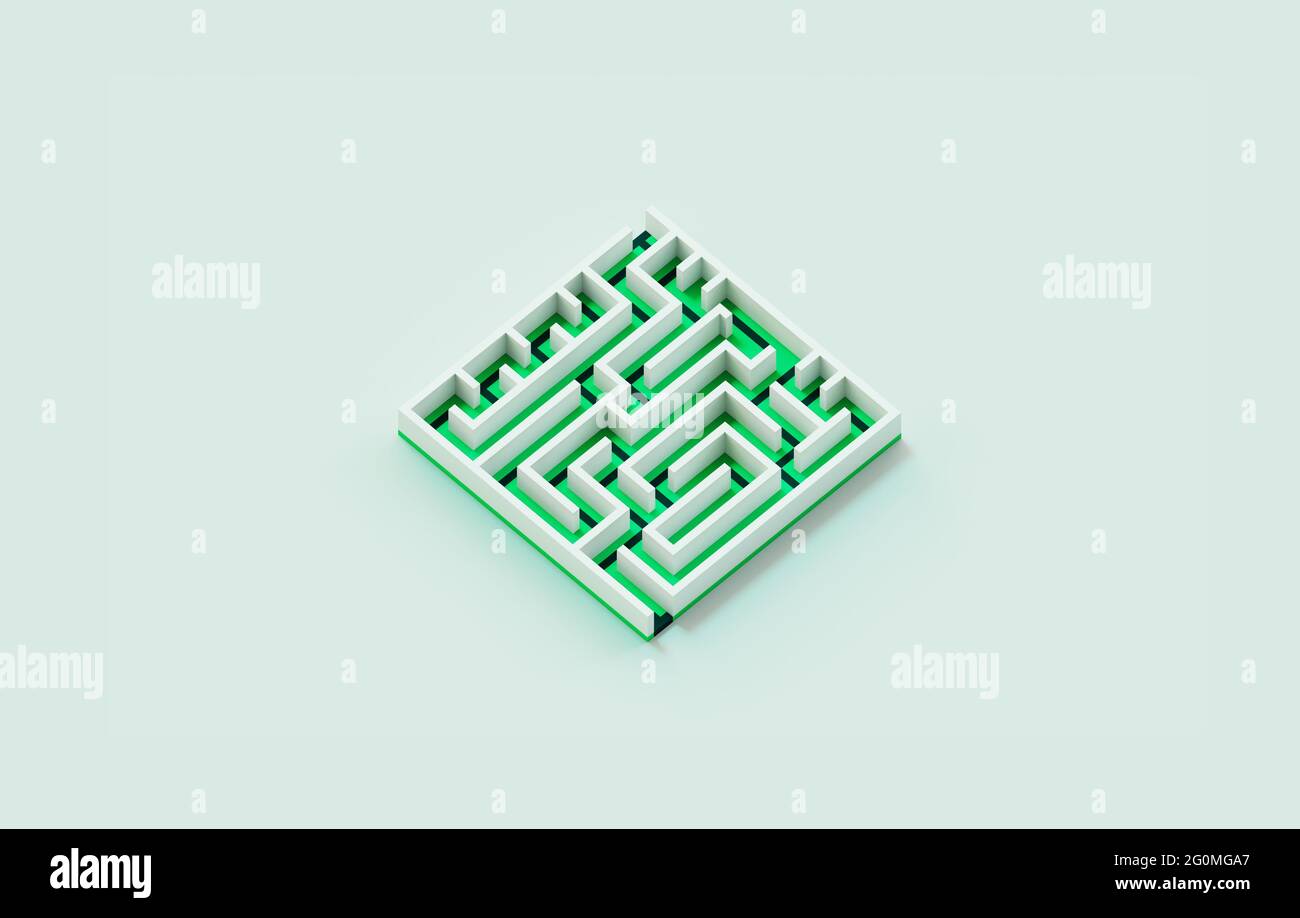 Square isometric labyrinth maze with white walls and green floor with pathway on it. 3D rendering Stock Photo
