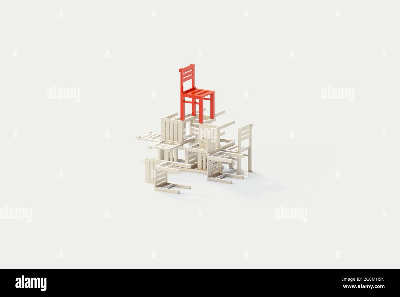 White chairs fallen with red chair standing on top of it. 3D illustration of triumph competition and winning Stock Photo