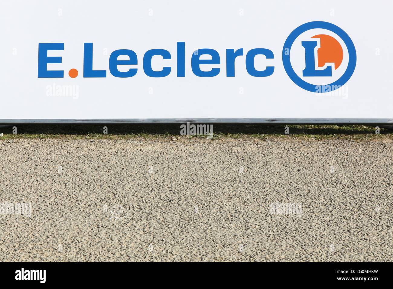 Odenas, France - March 10, 2020: Leclerc logo on a panel. Leclerc is a french hypermarket and supermarket chain Stock Photo