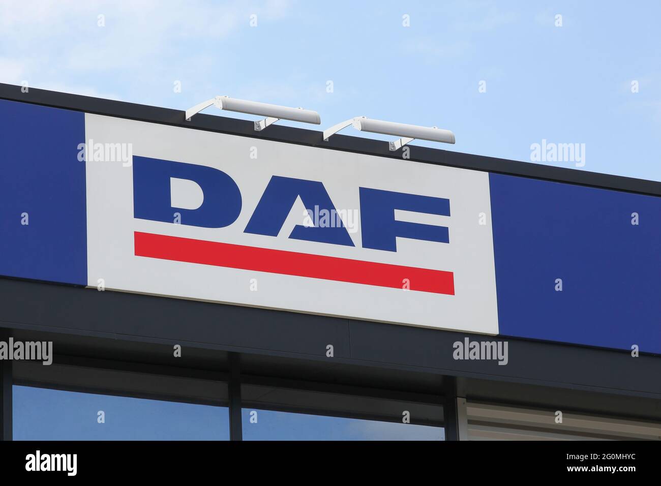 Limas, France - June 28, 2020: DAF logo on a building. DAF Trucks is a Dutch truck manufacturing company and a division of Paccar group Stock Photo