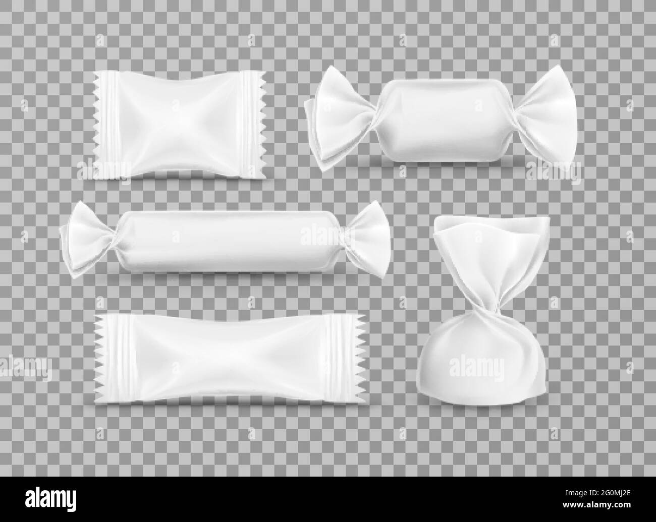 Vector realistic candy paper wrappers for brand ad design on transparent background. Set of illustrations of white glossy plastic packing for candies, chocolate, truffle and pouch sweets production. Stock Vector