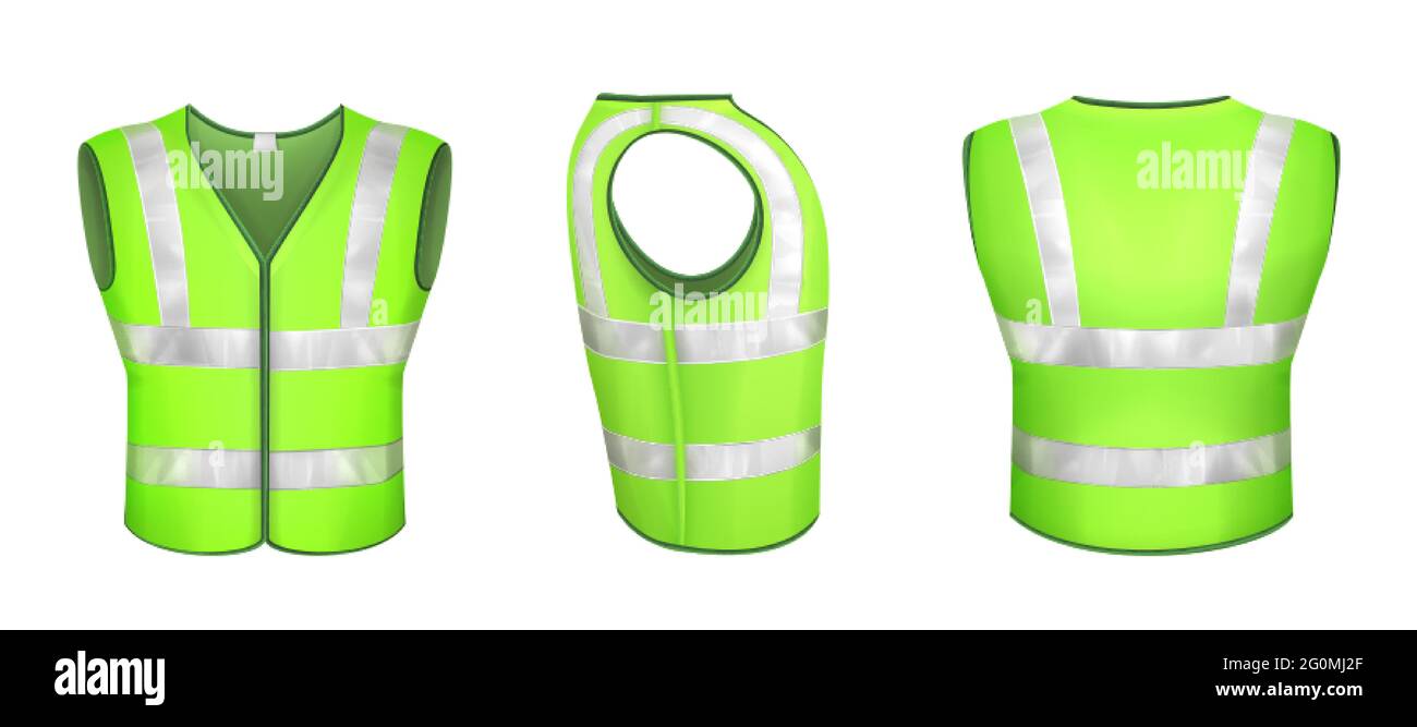 Green safety vest with reflective stripes, uniform for road workers, construction works or drivers. Vector realistic 3d waistcoat with reflectors in front side back view isolated on white background. Stock Vector