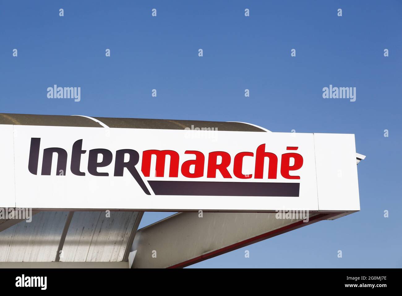 La Clayette, France - September 12, 2020: Intermarche logo on a building. Intermarche is the brand of a general commercial french supermarket Stock Photo