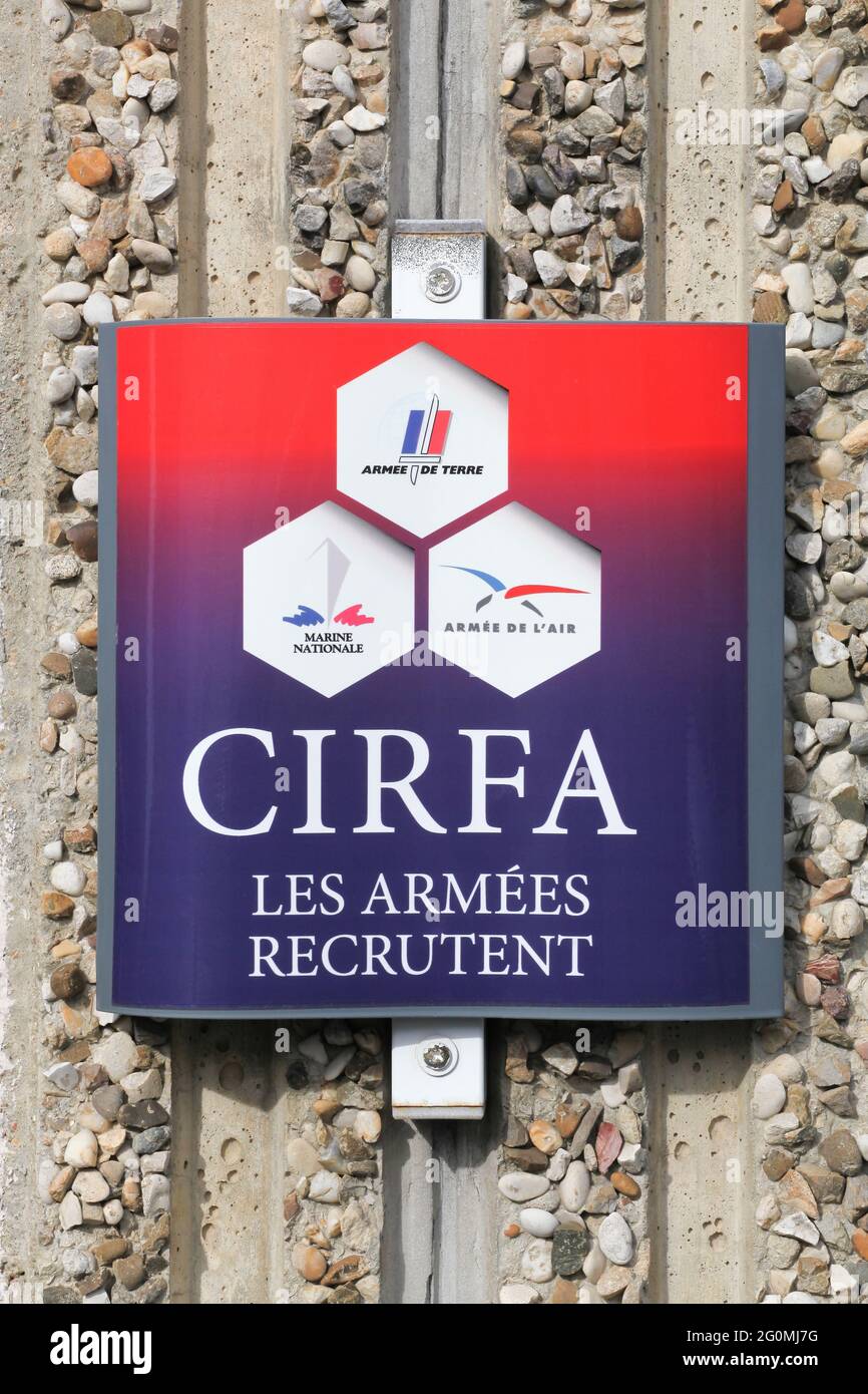 Macon, France - March 15, 2020: Armed Forces Information and Recruitment Center sign on a wall in France Stock Photo