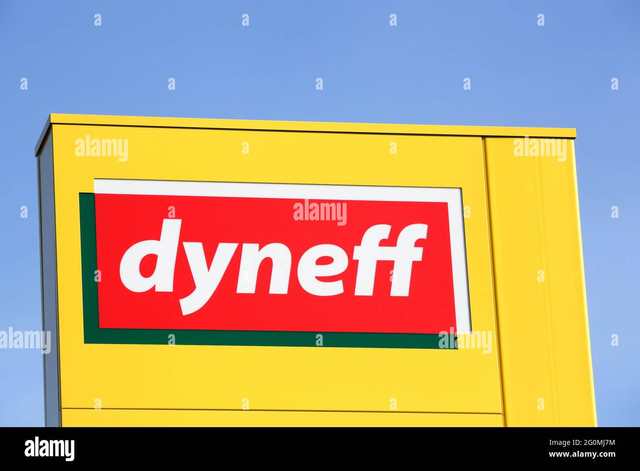 Beaujeu, France - September 12, 2020: Dyneff logo on a signboard. Dyneff is a French company, specialized in the distribution of petroleum products Stock Photo