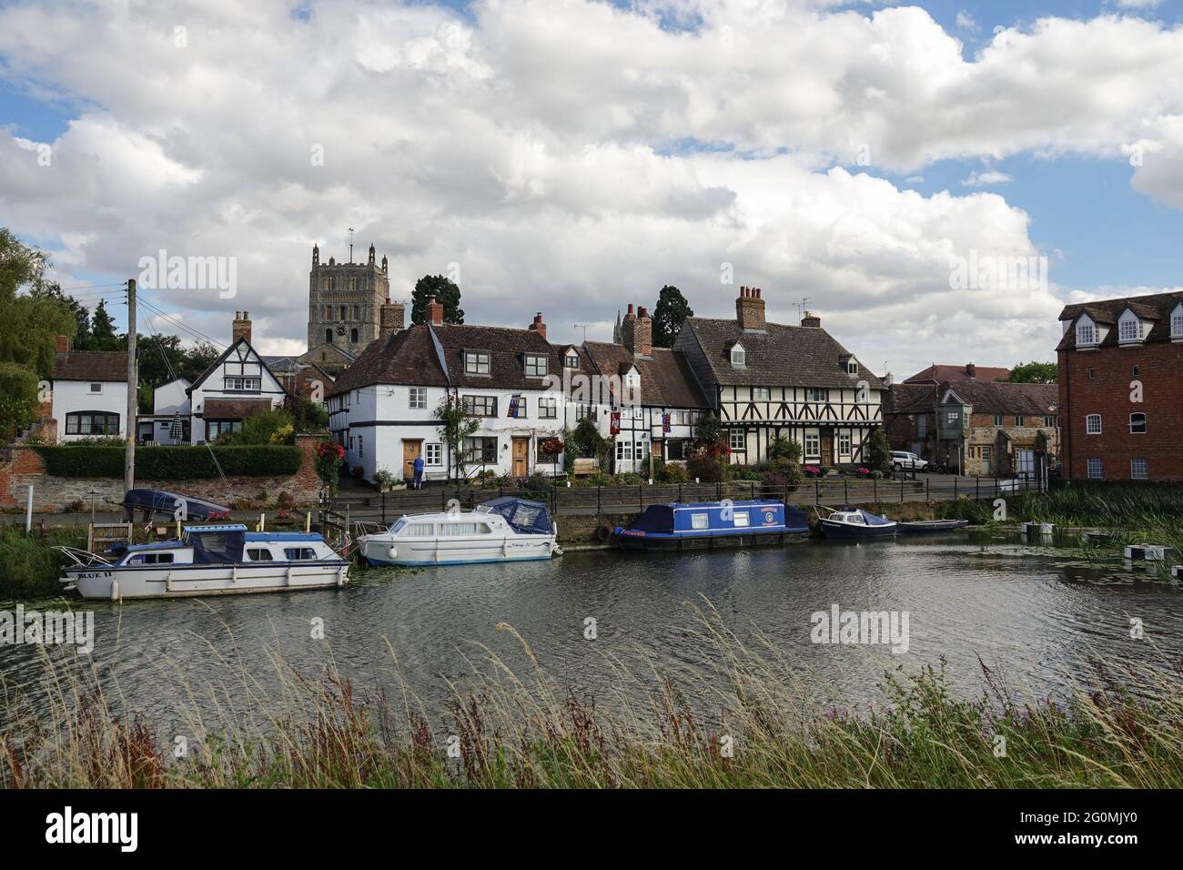 Tewkesbury from West bank of Mill Avon Stock Photo