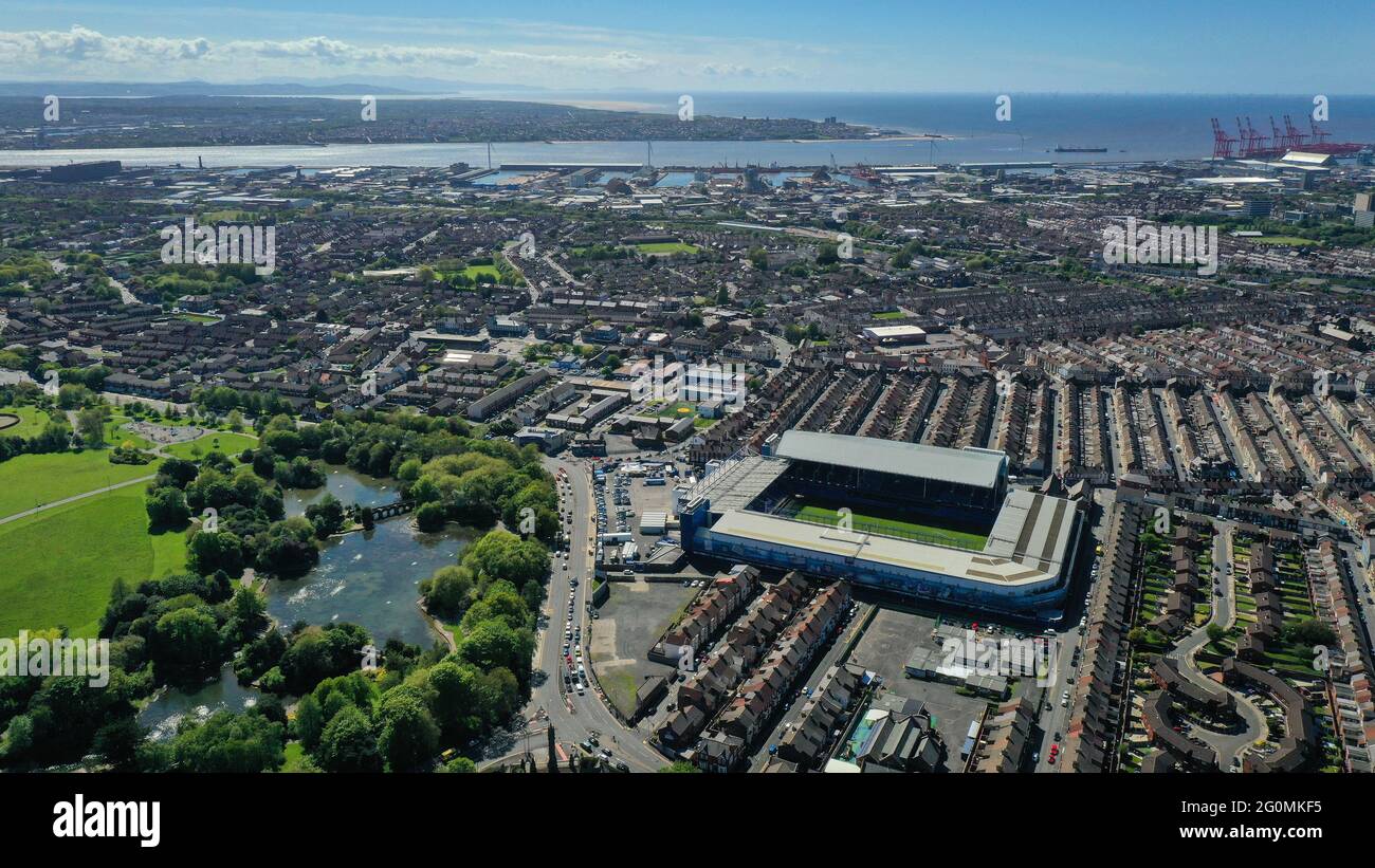 Goodison Park, Everton, Liverpool with Stanley Park on left aerial view of football stadium Stock Photo