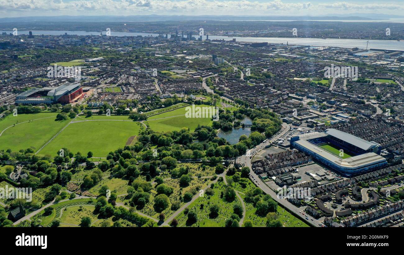 Anfield Stadium home of Liverpool Football Club and Goodison Parkhome of Everton Football Club across Stanley Park in  Liverpool aerial view of football stadium Stock Photo