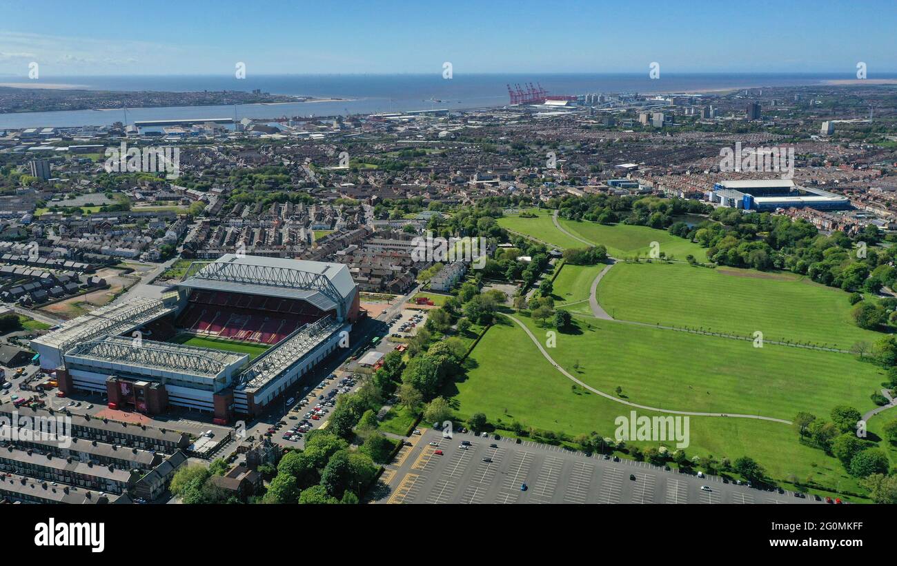 Anfield Stadium home of Liverpool Football Club and Goodison Parkhome of Everton Football Club across Stanley Park in  Liverpool aerial view of football stadium Stock Photo
