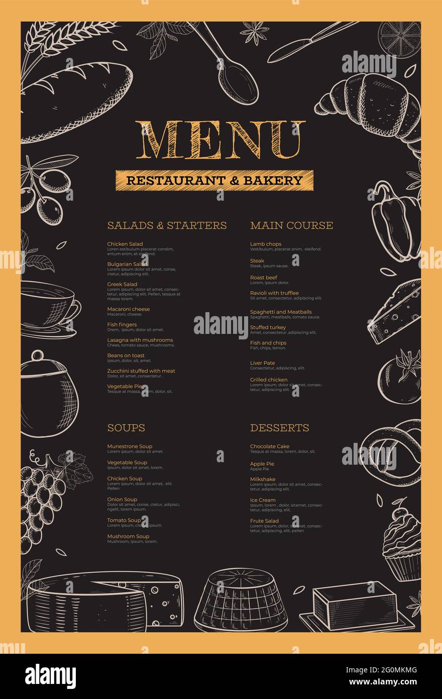 Restaurant and bakery menu template. Hand drawn vector food illustration on chalkboard black background. Bakery goods, cheese, fruits, vegetables. Stock Vector