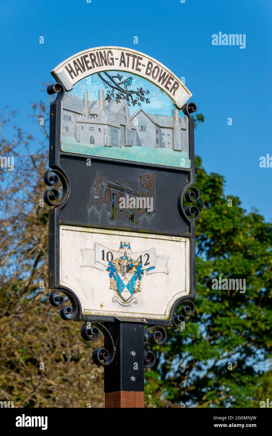 Village sign for Havering Atte Bower in Essex, UK, on a bright sunny ...