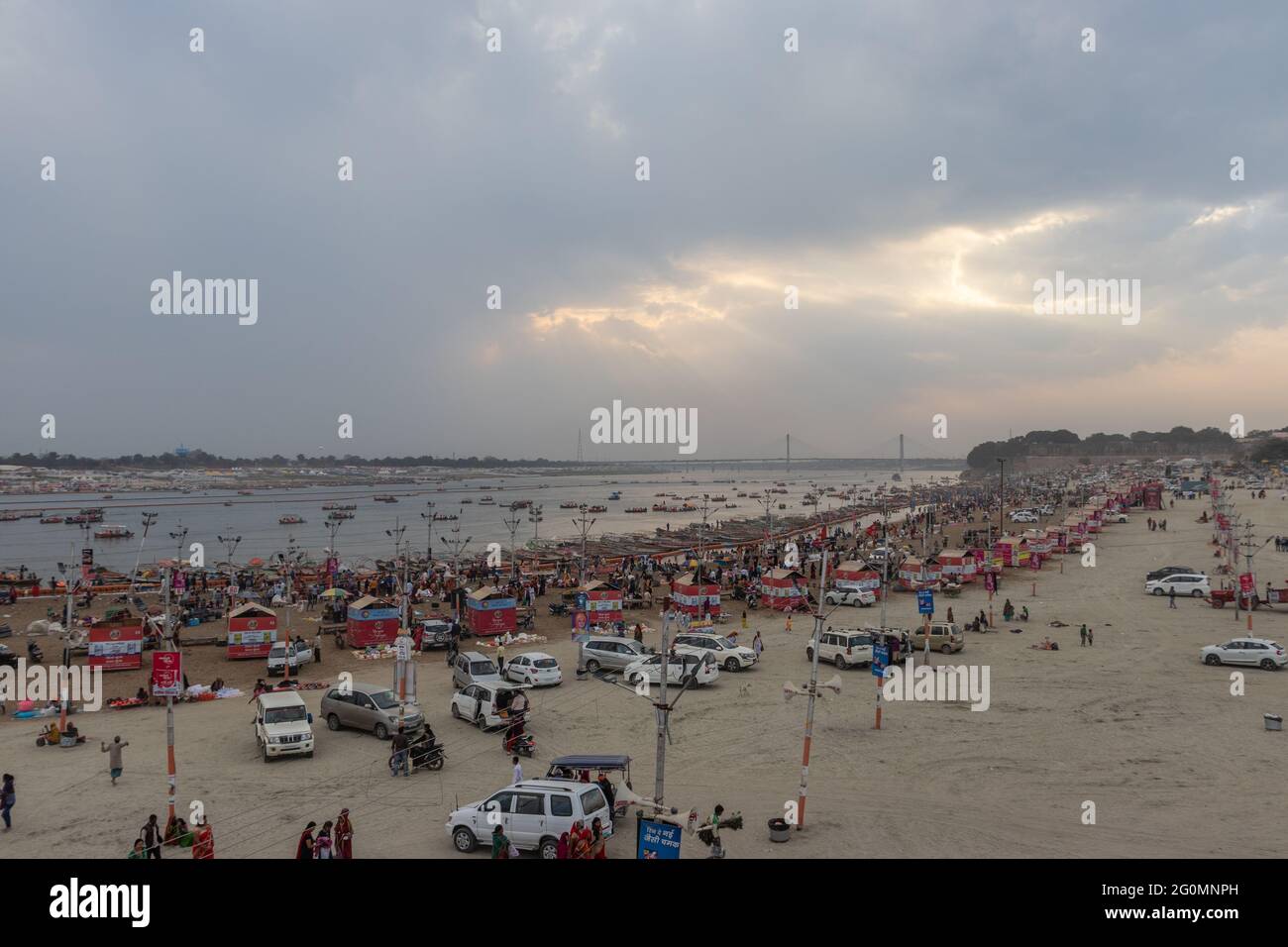 kumbh mela aroma and ganga rivier view image is taken at prayagraj uttar pradesh india on Feb 28 2019. It is showing the faith of people in god. It is Stock Photo