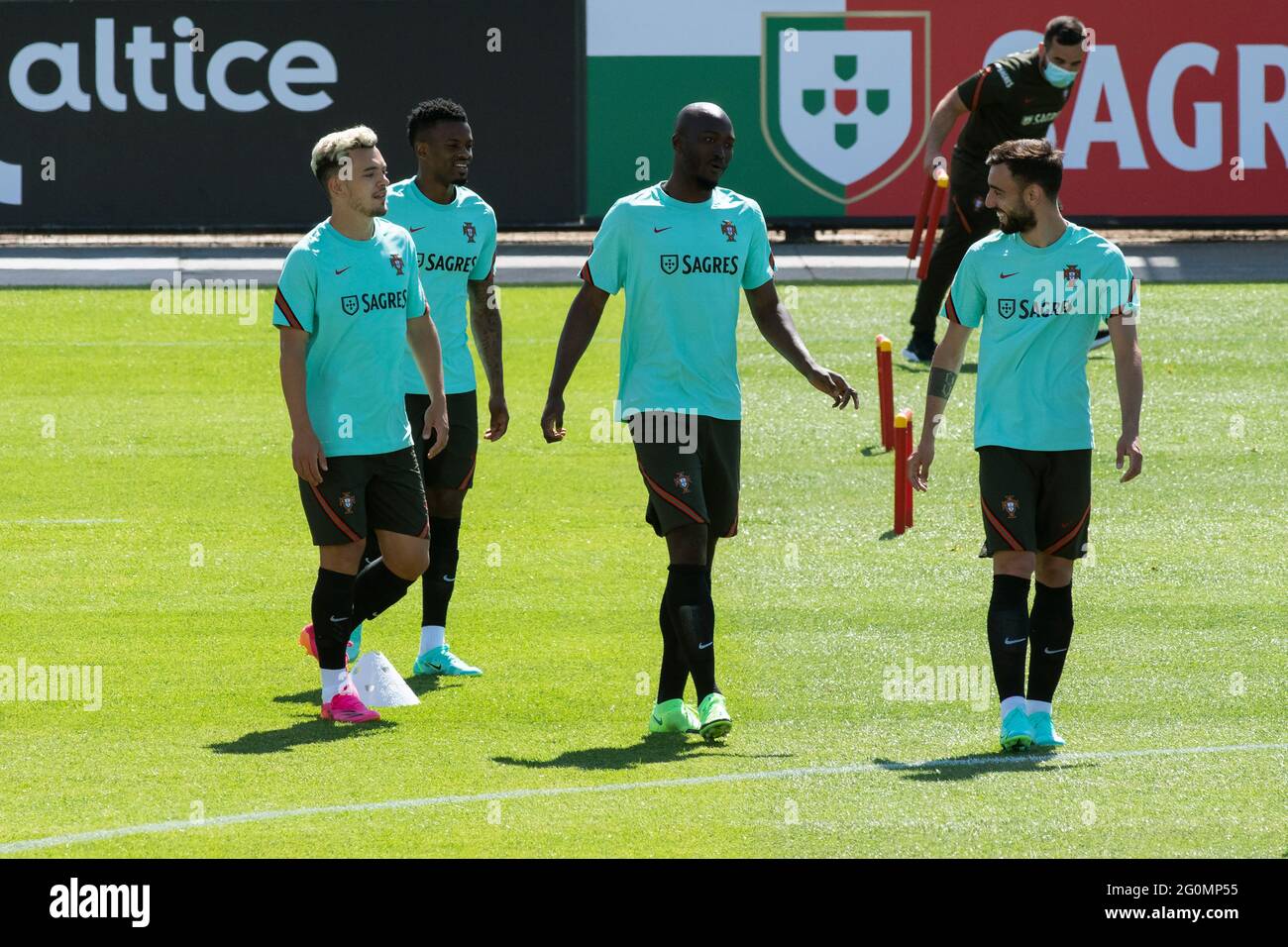 Pedro Goncalves, Nelson Semedo, Danilo Pereira and Bruno Fernandes (L-R) in action during the training session at Cidade do Futebol training ground.Portugal football team trains before competing in the European football championship - EURO 2020 - scheduled to start on June 11th. (Photo by Hugo Amaral / SOPA Images/Sipa USA) Stock Photo