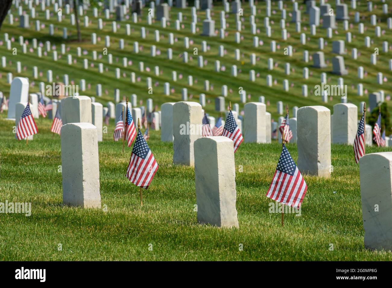 Small American flags mark every grave during   Memorial Day weekend 2021 at Arlington National Cemetery, Arlington, VA. Stock Photo