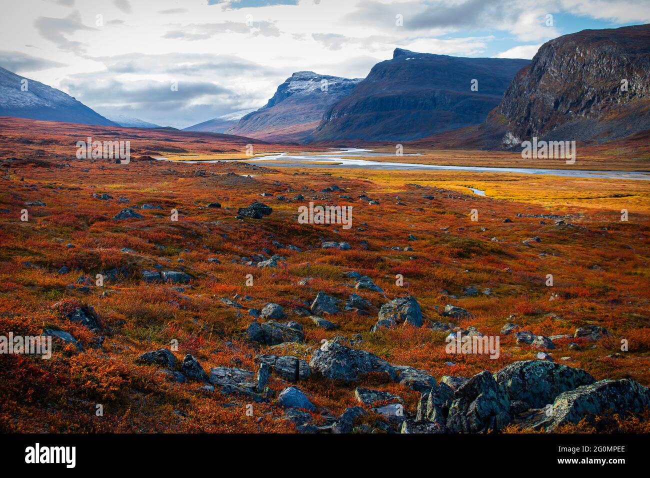 Hiking Kungsleden (king's) trail in the direction of Singi, early morning, Lapland, Sweden, September 2020. Stock Photo