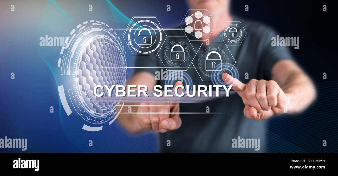 Man Using Computer Cyber Security Man touching a cyber security concept on a touch screen with his ...