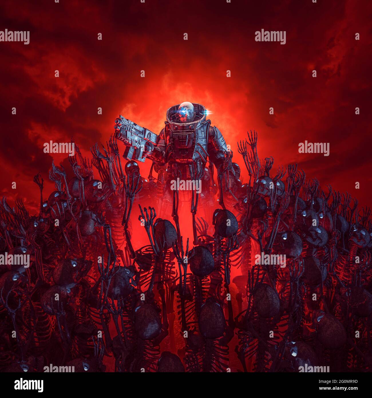 hoppe Demokratisk parti brugt Cyberpunk soldier mission to hell / 3D illustration of science fiction  military robot warrior surrounded by zombie robot skeletons with ominous  red sk Stock Photo - Alamy