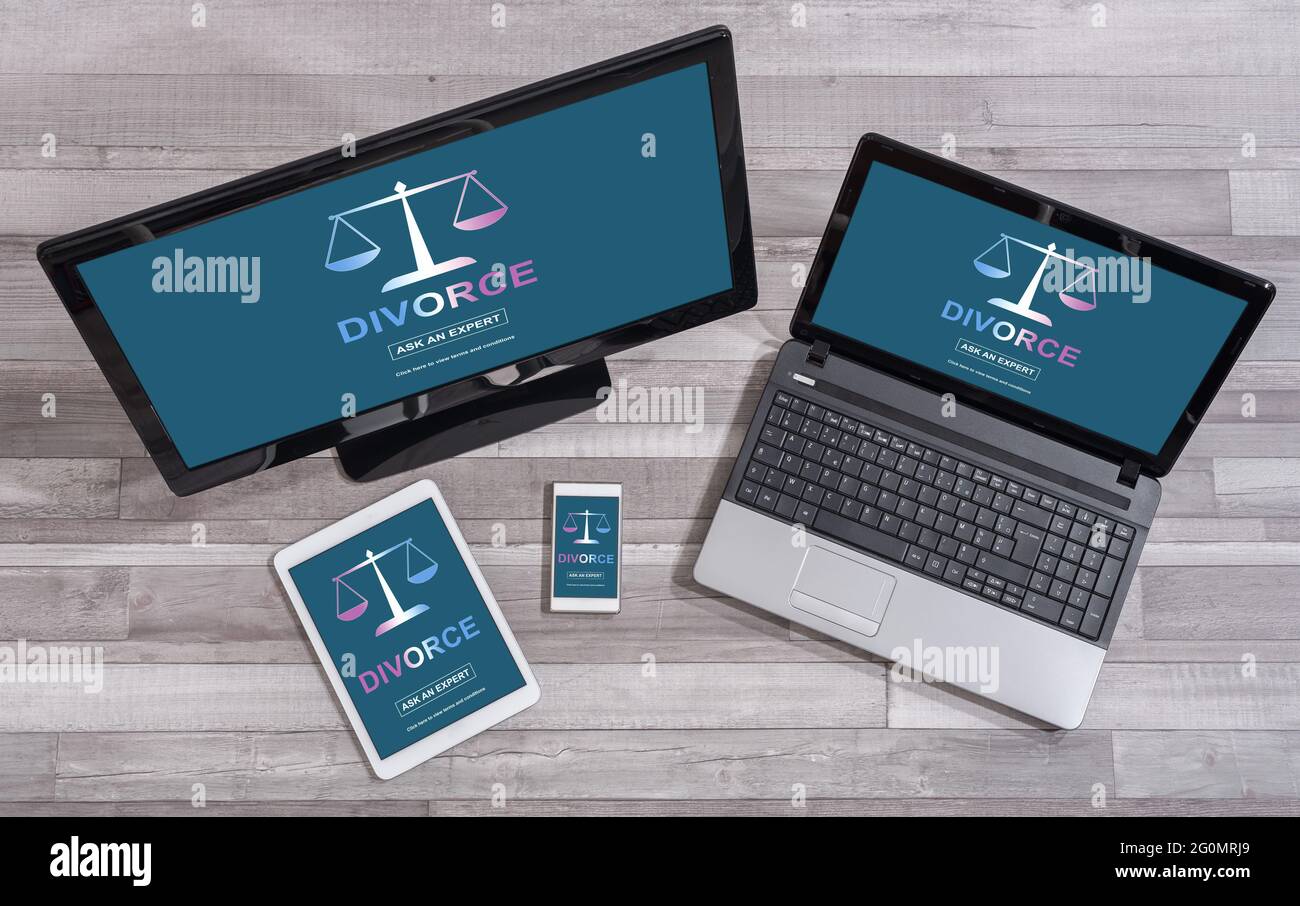 Divorce advice concept shown on different information technology devices Stock Photo