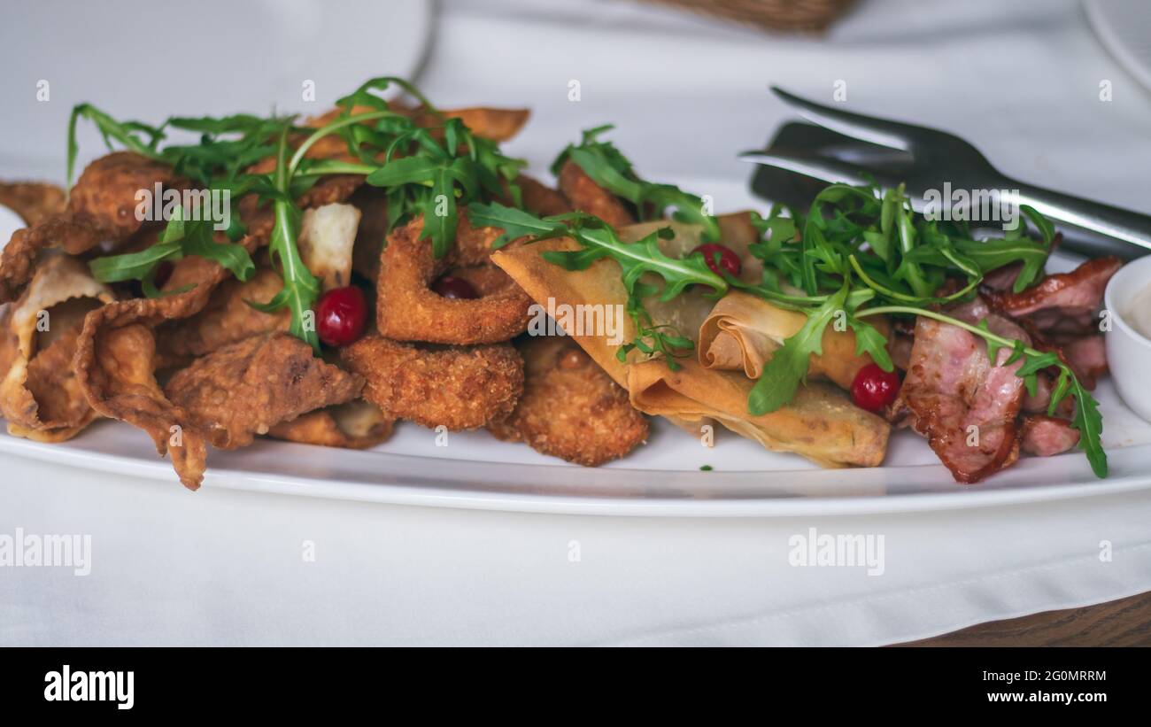 Long oval plate with variety of snacks: chips, nachos, bacon, lavash with cheese, arugula, squid rings or breaded onions Stock Photo