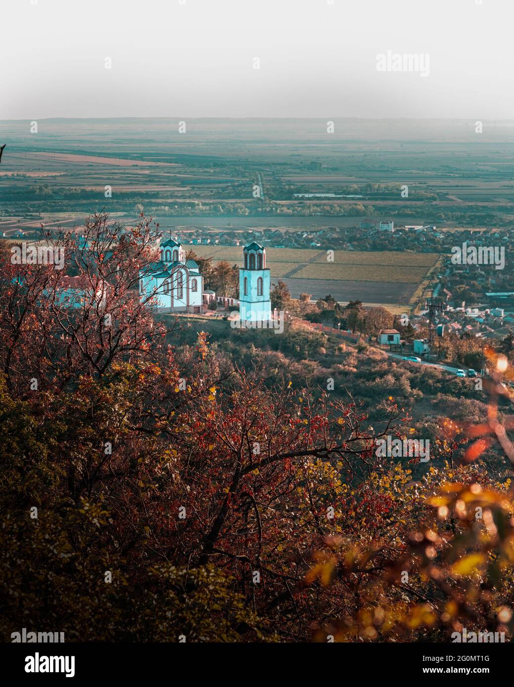 Small church as seen from a hill in Vrsac, Serbia Stock Photo