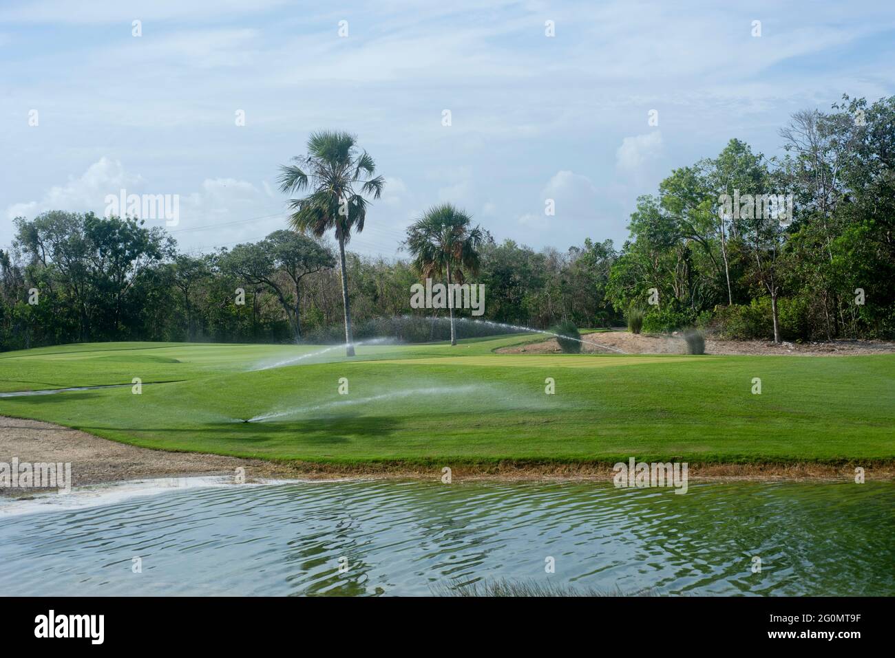 A long distance irrigated golf course water sprinkler system. In the background an artificial lake and tropical vegetation in Mexico Stock Photo