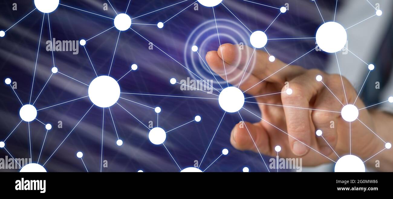 Man touching a virtual network on a touch screen with his finger Stock ...