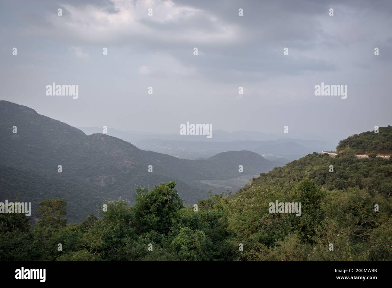 Mountain range with green forests and blue sky Stock Photo - Alamy