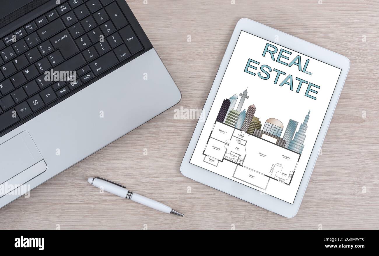 Real estate concept shown on a digital tablet Stock Photo